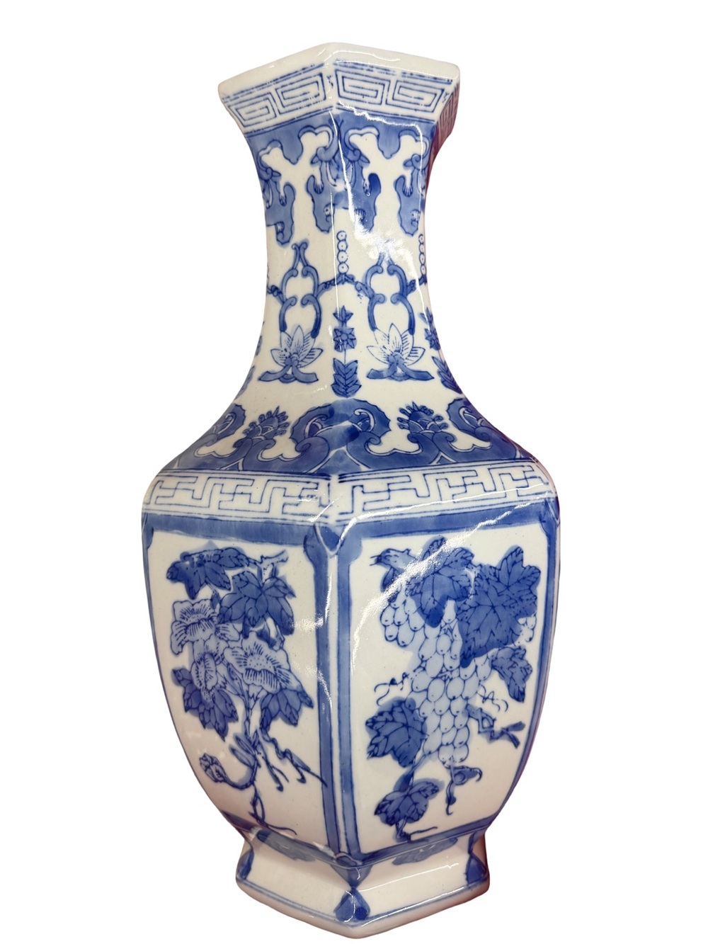 Vintage Blue and White Chinoiserie Hexagonal Vase